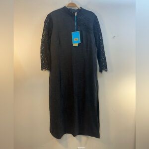 NWT Mo & Yu Chinese Dress Auth L Black 3/4 Lace Sleeves Mock Neck Maxi Crinkle